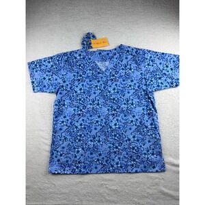 TL Uniforms Women's V Neck Scrub Top Size Large Blue Floral Print New